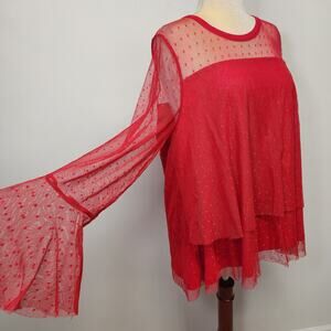 Torrid Top Size 22/24 Red Sheer Mesh Babydoll Bell Sleeve Boho Tiered Valentines